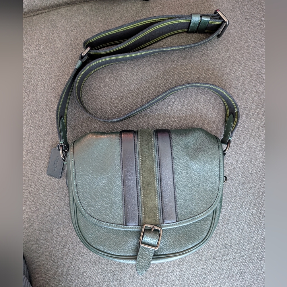 Coach Green Leather Messenger Bag with Dark Stripe Accents